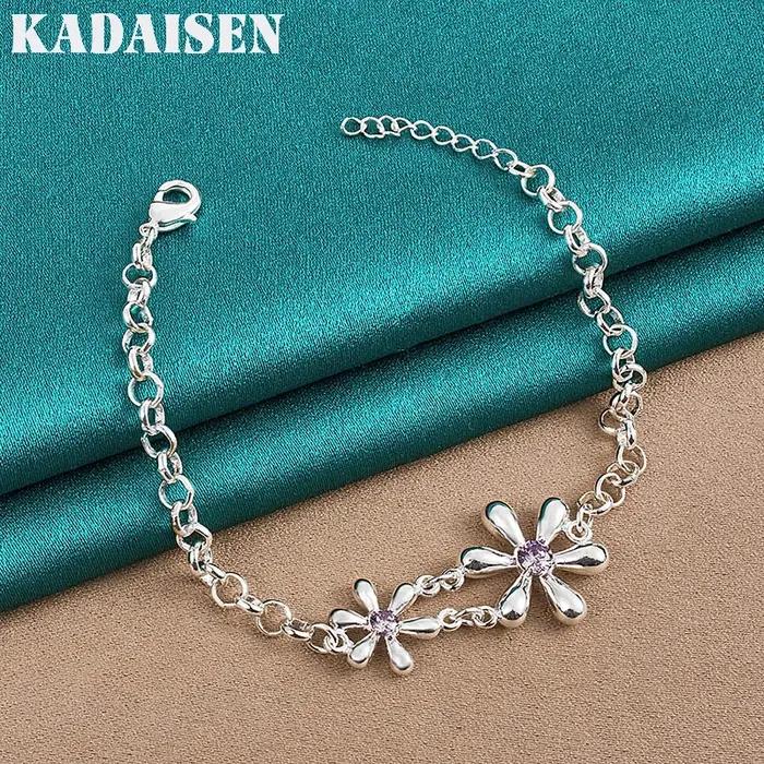 Bracelet en argent Sterling 925 avec double fleur en Zircon pour femmes