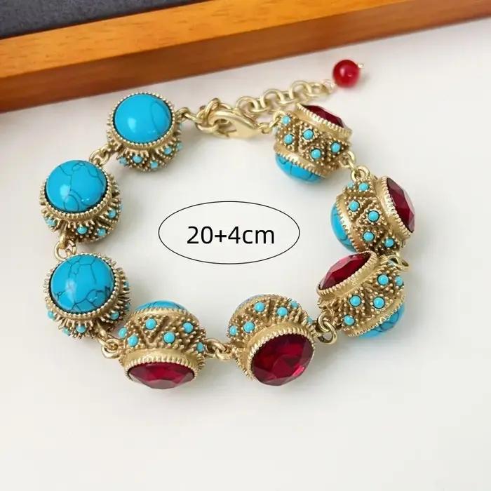 Bracelet Bohème Rétro Turquoise & Rubis Style Palais Luxe Vintage Chaîne de Main pour Femme