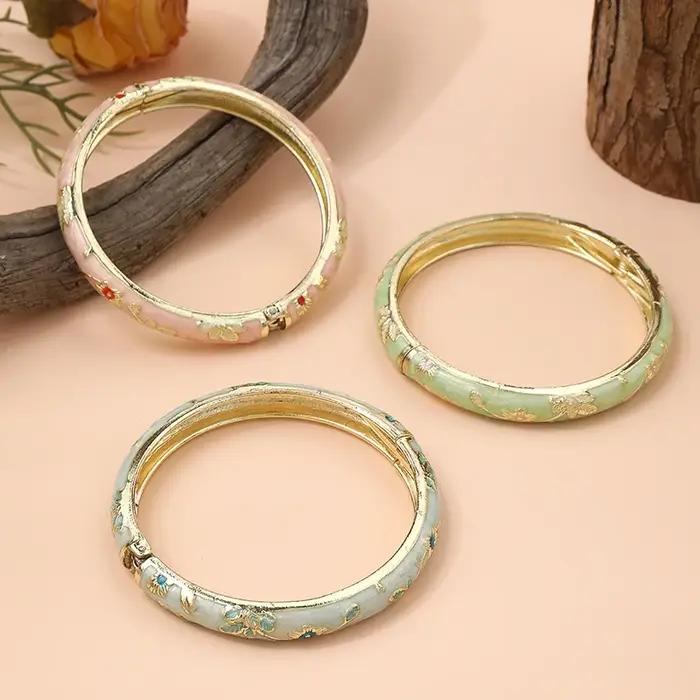 FTCY 3 pièces fine petite fleur émail bracelet pour femmes rétro cloisonné