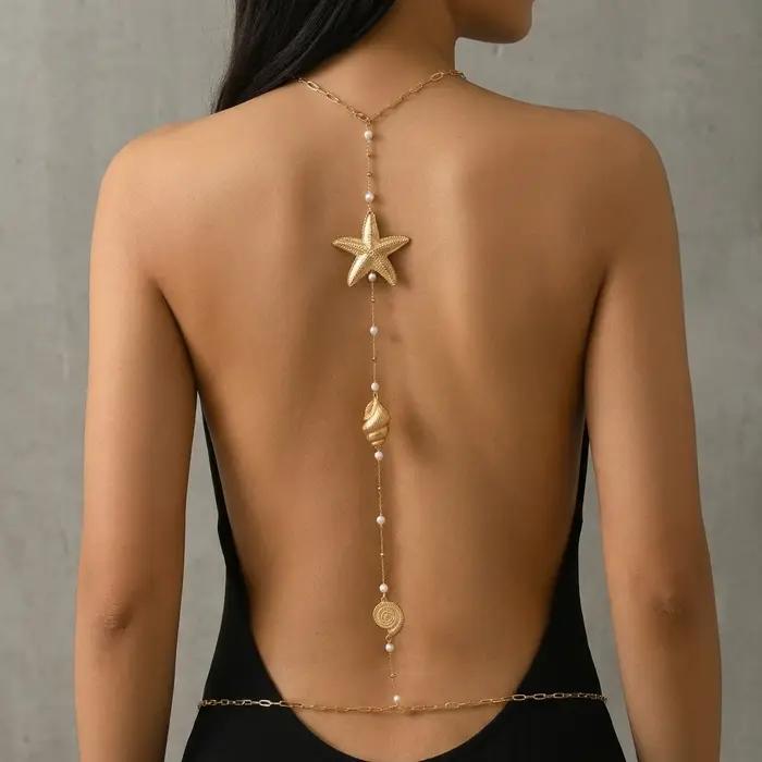 Collier long sexy sans dos avec pampilles pour femme, grand collier chaîne en métal avec étoile de m