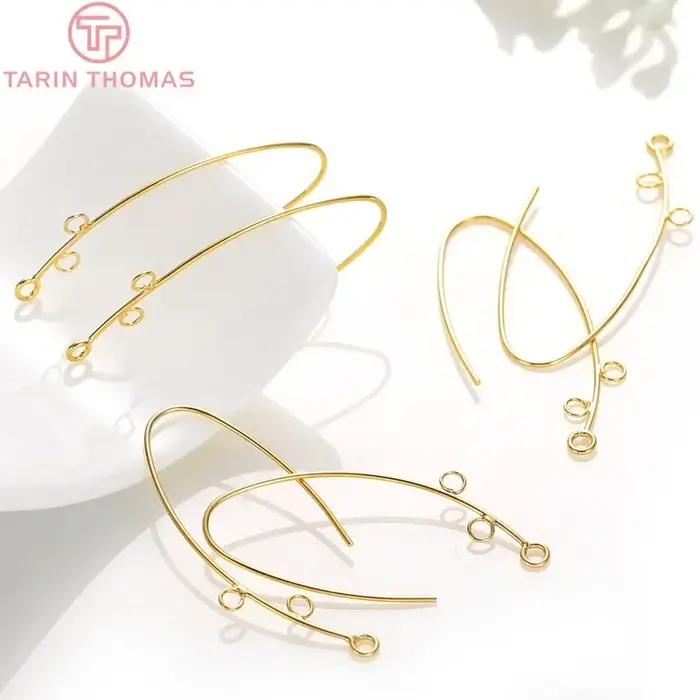 (2684) 6 pièces 15x33MM Anneaux d'oreilles en laiton plaqué or 24K avec 3 trous de suspension