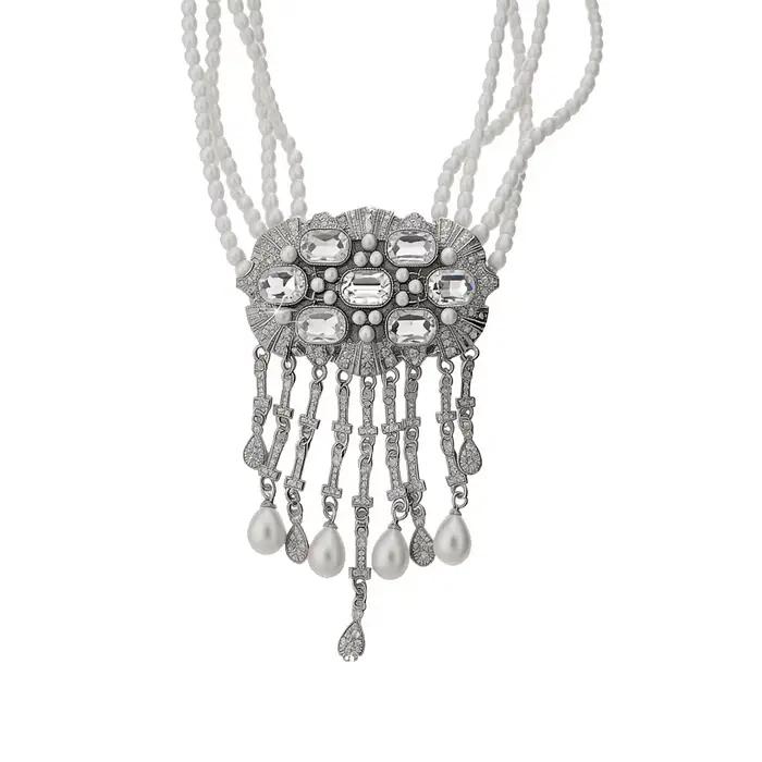 Collier multi-rangs de perles et de diamants, motif goutte d'eau carrée, à franges, chaîne de clavicule élégante et haut de gamme, style mode de niche