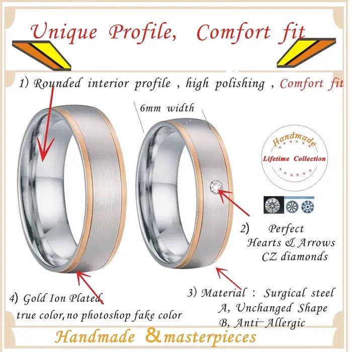 Bagues de mariage en acier inoxydable plaqué or rose avec zirconium blanc ou vert pour homme et femme occasions spéciales romantiques