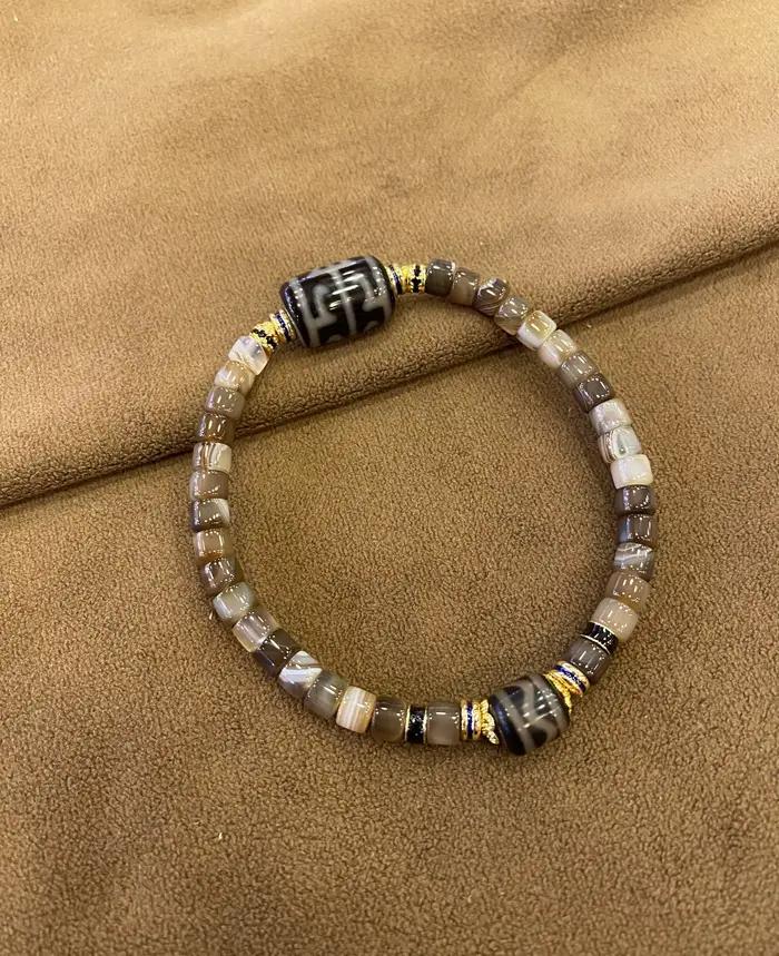 Bracelet en perles d'agate rayée Dzi - Style tibétain vintage