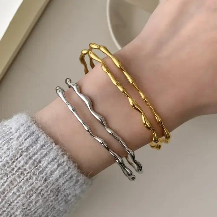 PANJBJ 925 argent irrégulier ligne dorée Bracelet pour femmes vague Double couche minimalisme Punk classique bijoux livraison directe