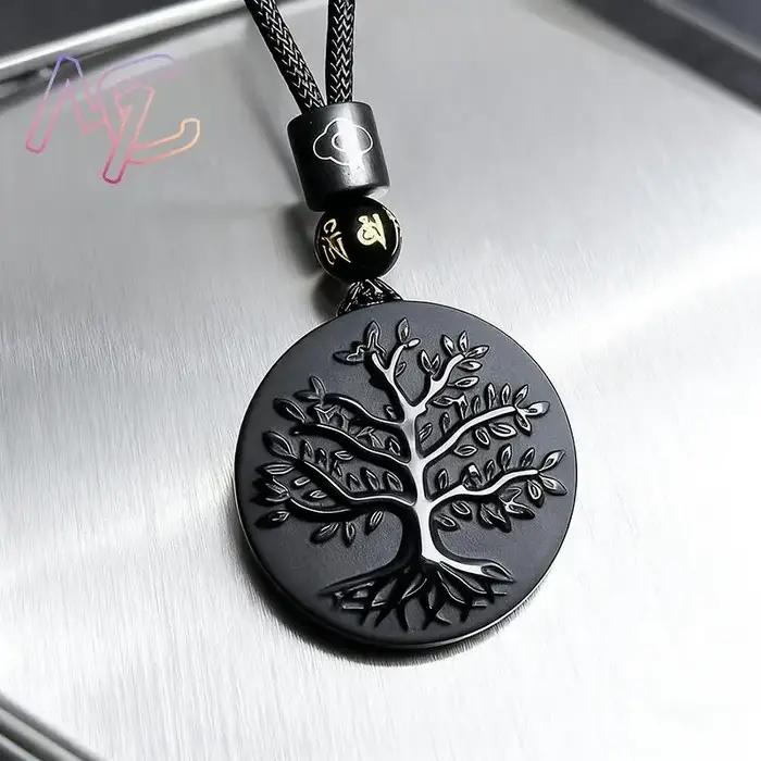 Collier Pendentif Arbre de Vie en Obsidienne Véritable Sculpté, Cadeau Vintage pour Femme, Bijou Nat