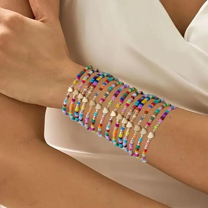 7 pièces bohême fait à la main aléatoire perles colorées Bracelets pour femme élastique