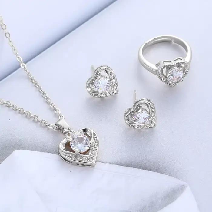 ENWinterR-Ensemble de bijoux délicats et brillants, pendentif coeur d'amour, collier JONecklace, boucles d'oreilles et bague, cadeaux de mariage doux