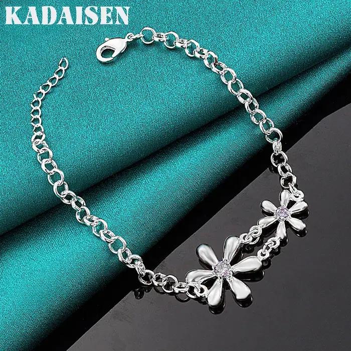 Bracelet en argent Sterling 925 avec double fleur en Zircon pour femmes