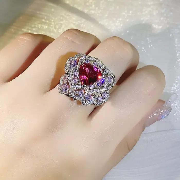 Bague en Argent Sterling 925 Sertie de Rubis et Zircone Cubique Luxueuse pour Femmes Occasions Spéciales Mariage Fiançailles Nouvel An Saint Valentin Pâques Fête des Mères