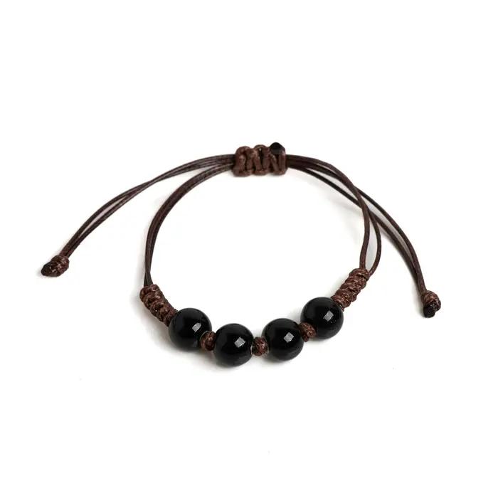 Bracelet Ajustable en Perles de Céramique Noire, Bijou Minimaliste Fait à la Main, pour Homme et Fem