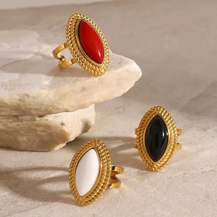 Bague Agate Ovale Plaquée Or 18 Carats Pour Femmes Anneau Ouvert Vintage Occasions Spéciales