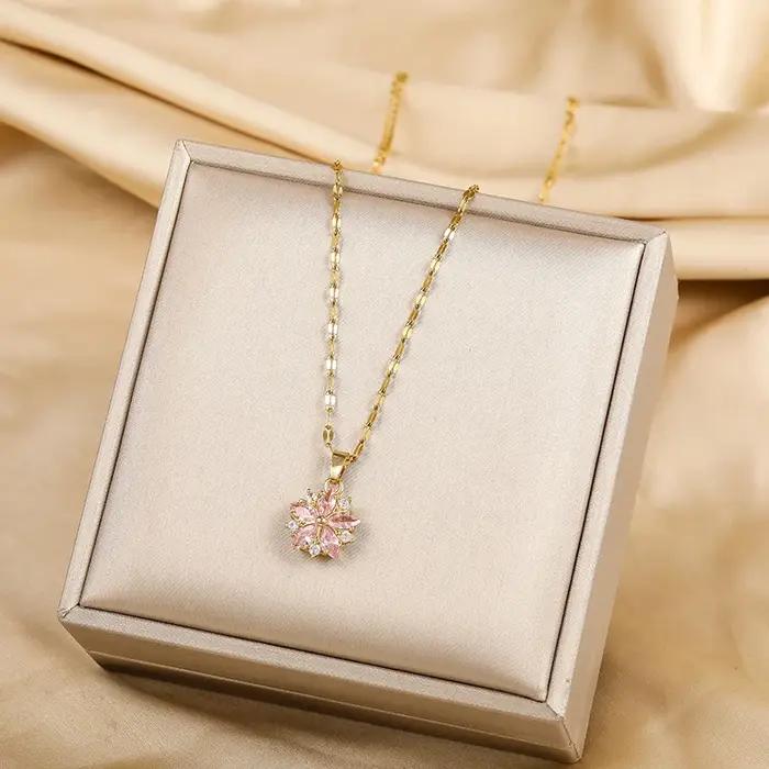 Colliers avec pendentif Sakura rose romantique en acier inoxydable pour femmes