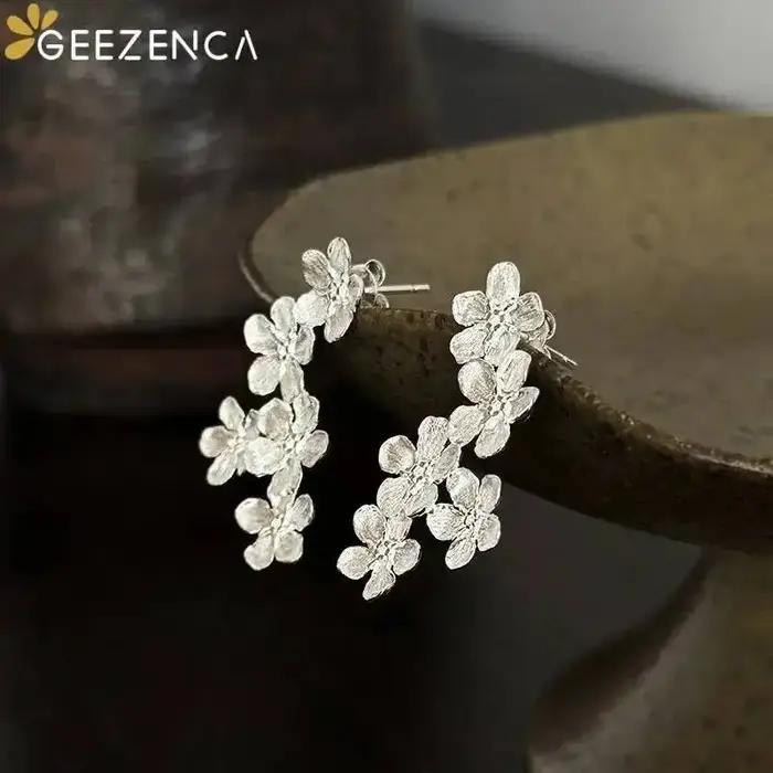 GEEZENCA bijoux brossés 925 en argent Sterling 3D fleur boucles d'oreilles femmes délicat concepteur à la mode déclaration boucle d'oreille cadeau de fête