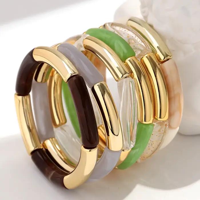 Bracelet jonc tubulaire fin en résine acrylique et bambou multicolore 2026 pour femme, fait main, tendance, bijoux de poignet, cadeaux d'été
