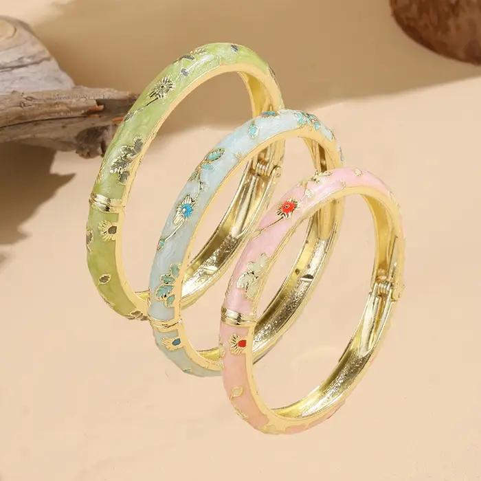 FTCY 3 pièces fine petite fleur émail bracelet pour femmes rétro cloisonné