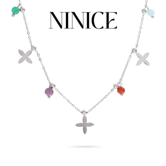 Collier femme pierre naturelle coloré fleur en forme pendentif