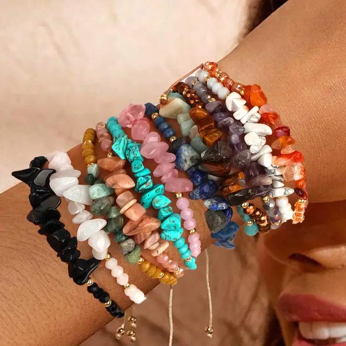 Ensemble de bracelets extensibles tissés en pierre naturelle irrégulière