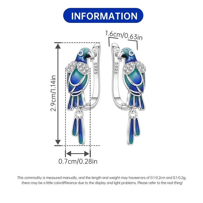 Boucles d'oreilles en argent Sterling 925 avec breloque perroquet bleu vert pour femmes, bijoux originaux et élégants pour occasions spéciales