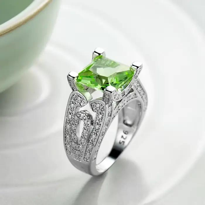 Bague de mariage de luxe pour femme, grand cristal vert, couleur argent, Zircon, carré, bijoux, cadeau pour petite amie