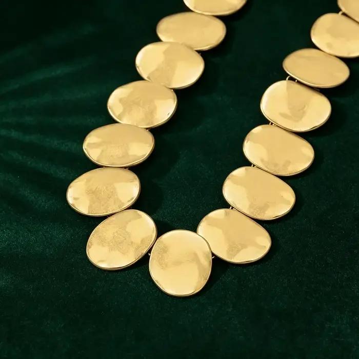 Collier plaqué or avec pendentif disque rond, chaîne de clavicule plate de luxe, style vintage, gran