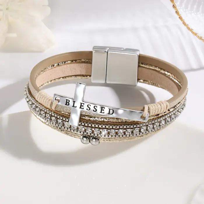 Bracelet multicouche bohème Vinatge croix bénie avec fermoir magnétique pour hommes et femmes amis B