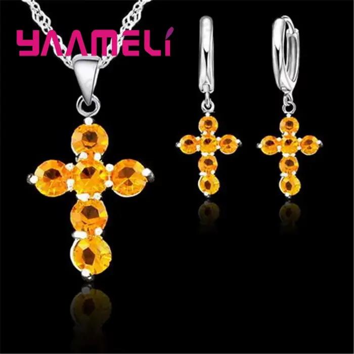 Ensemble de bijoux en argent sterling serti de zircone cubique croix collier et boucles d'oreilles pour mariage fiançailles anniversaire fête