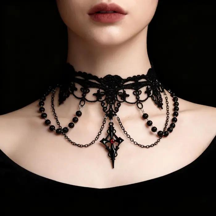 Collier élégant à pampilles Rose rouge foncé pour femmes, bijoux en dentelle, accessoire de mode de
