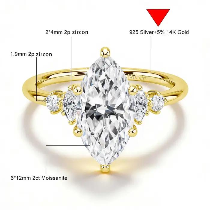 SDOOU Bague de fiançailles en or 14K plaqué or 2 carats avec moissanite taille marquise pour filles
