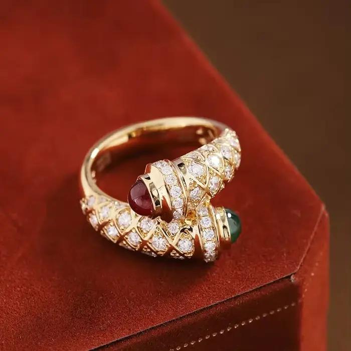 Bague rétro Vintage en or 18 carats pour femmes, rubis, émeraude, redimensionnable, Antique, pour Co