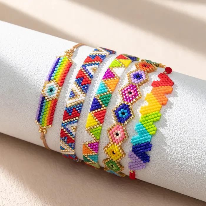Miyuki Boho Colorful Beaded Bracelet Women's Trendy Rainbow Jewelry Charm Evil Eye Handmade Gift