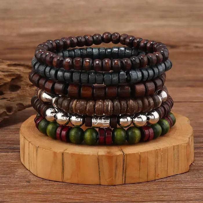 Bracelets vintage bohèmes pour hommes feuilles motifs tracker humeur bois naturel cadeaux occasions spéciales