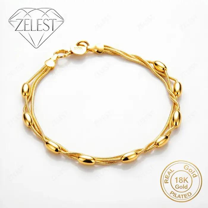 Bracelet en argent sterling 925 plaqué or 18 carats, 8 pouces, délicat, tressé avec des perles, pour
