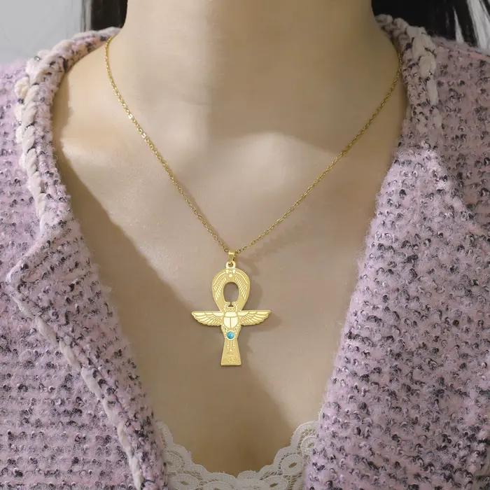 Kkjoy Collier Scarabée Croix Ankh Égyptienne Ancienne en Acier Inoxydable avec Incrustation de Turquoise, Pendentif Symbole Mystique, Bijoux Or et Argent