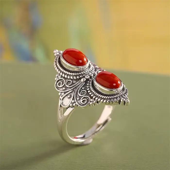 Bague ethnique en Jade rouge pour femmes, double perles ovales, bijoux rétro avec lignes en relief,