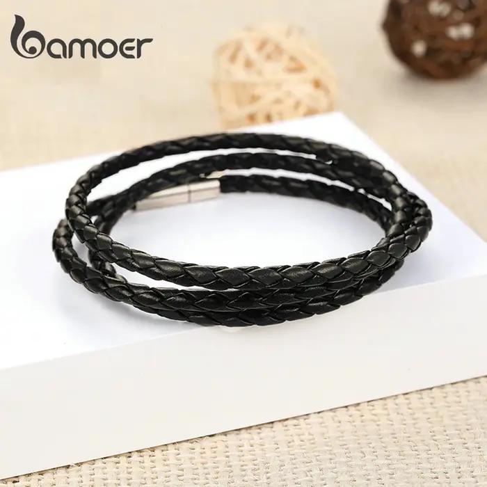 BAMOER Bracelet en cuir PU multicouche tressé longue chaîne boucle magnétique réglable unisexe pour femmes et hommes bijoux empilables