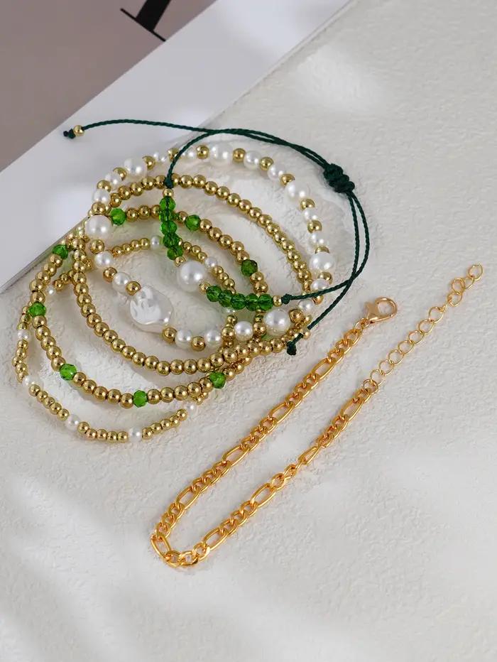 Lot de 6 bracelets bohèmes verts en perles d'imitation de cristal