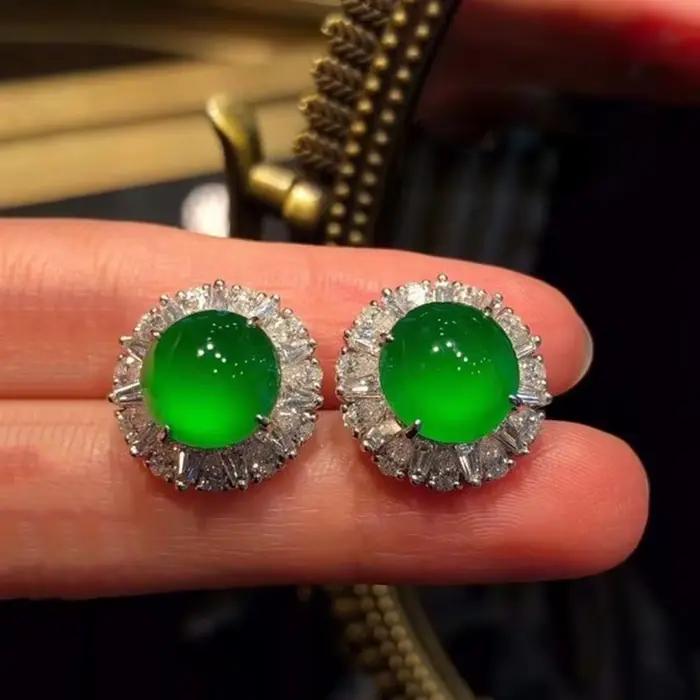 Grandes boucles d'oreilles en calcédoine verte Hetian naturelle incrustée, fleur ronde, bijoux de luxe rétro exagérés en argent, nouvelle collection