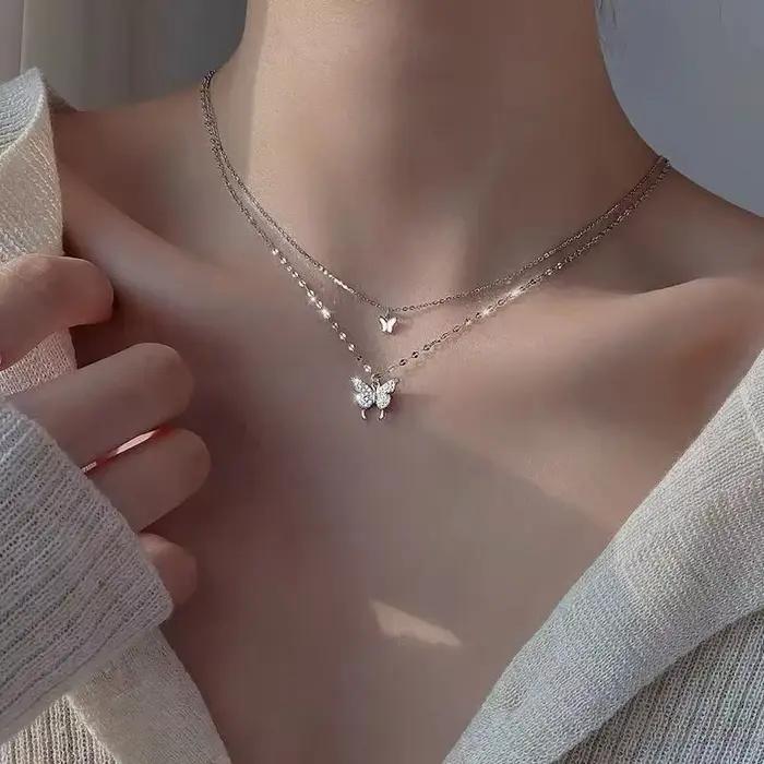 Collier papillon brillant pour femmes, pendentif exquis, Double couche, chaîne de clavicule, bijoux à la mode, cadeau, nouvelle collection