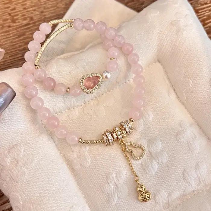 Bracelet Double Cercle en Cristal Rose Naturel et Améthyste, Zircon Luxe Léger, Bracelet Mignon pour