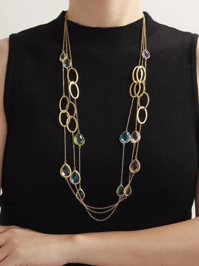 Collier chaîne de pull longue en acier inoxydable plaqué or avec gouttelettes brillantes et pierre de verre à facettes pour femmes occasions spéciales
