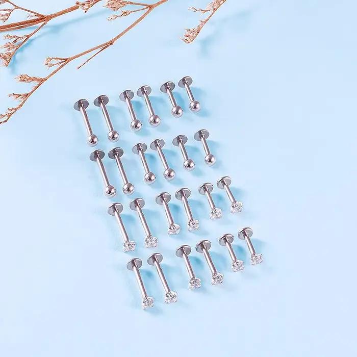 12 pièces/lot Labret Piercing ensemble acier chirurgical CZ zircone lèvre goujon barre boucle d'oreille Helix Cartilage Tragus corps bijoux 16G