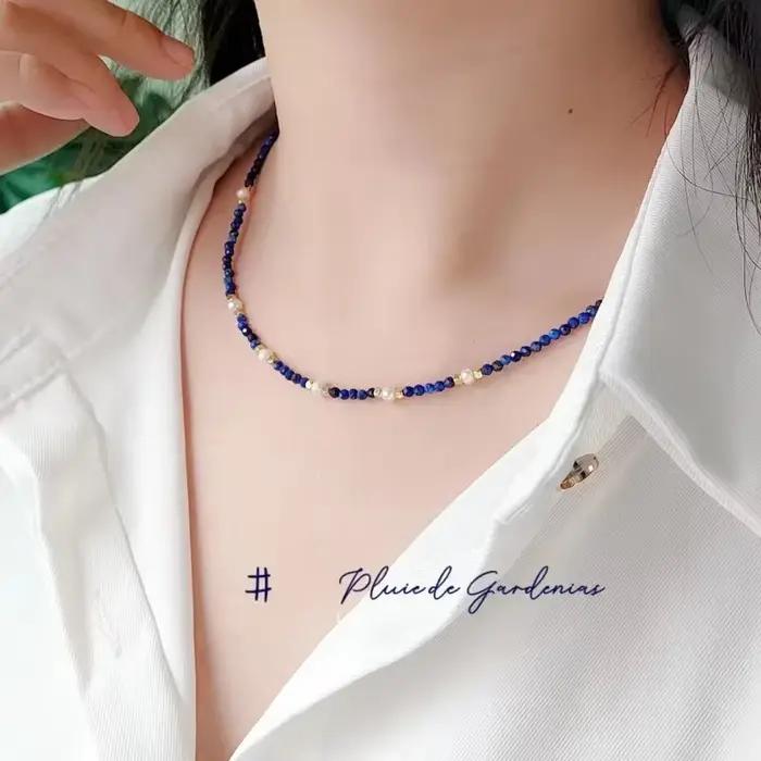 Minar Boho-Collier en Lapis Lazuli Bleu Marine pour Femme, Pierre Naturelle, Perles d'Eau Douce, Ras du Cou en Cuivre Plaqué Or 14K