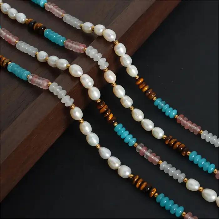 Collier et bracelet en perles d'eau douce et pierres naturelles style bohème pour femme