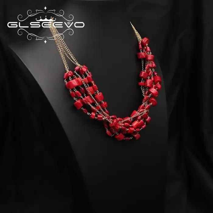 GLSEEVO – collier multicouches en corail rouge pour femmes