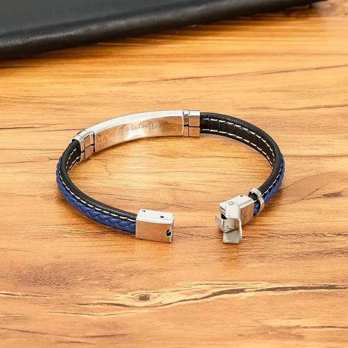 TYO mode tissé en cuir véritable métal acier inoxydable boucle de sécurité Bracelet hommes