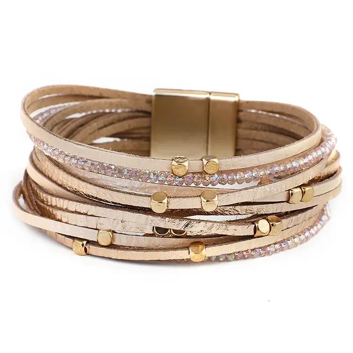 ALLYES Champagne Bracelets en cuir véritable pour femmes Boho multicouche métal charme résine perles