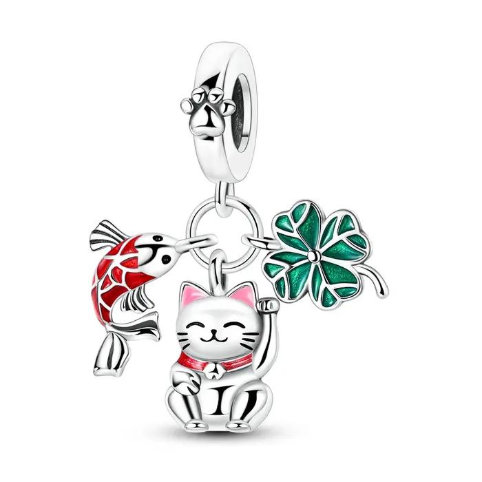 Breloque en Argent 925 Pendentif Chat Carpe Trèfle à Quatre Feuilles Compatible Bracelet Bijoux Originaux Femme Occasions Spéciales