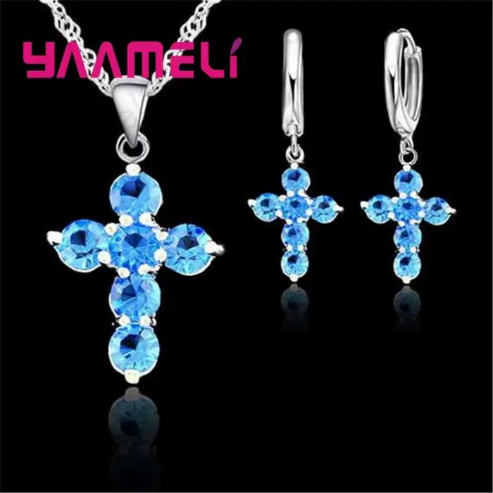 Ensemble de bijoux en argent sterling serti de zircone cubique croix collier et boucles d'oreilles pour mariage fiançailles anniversaire fête