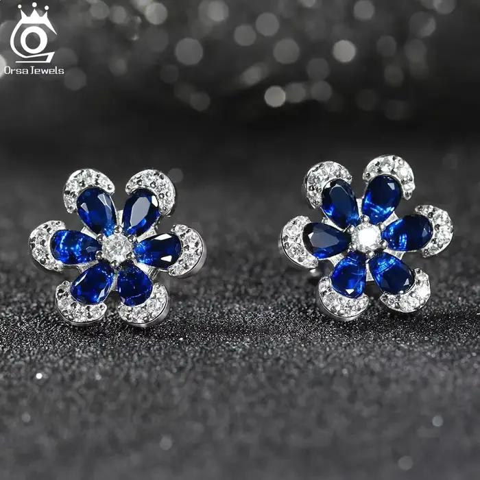 Ensemble de bijoux en argent 925 avec saphirs bleus forme de fleur pour femmes occasions spéciales